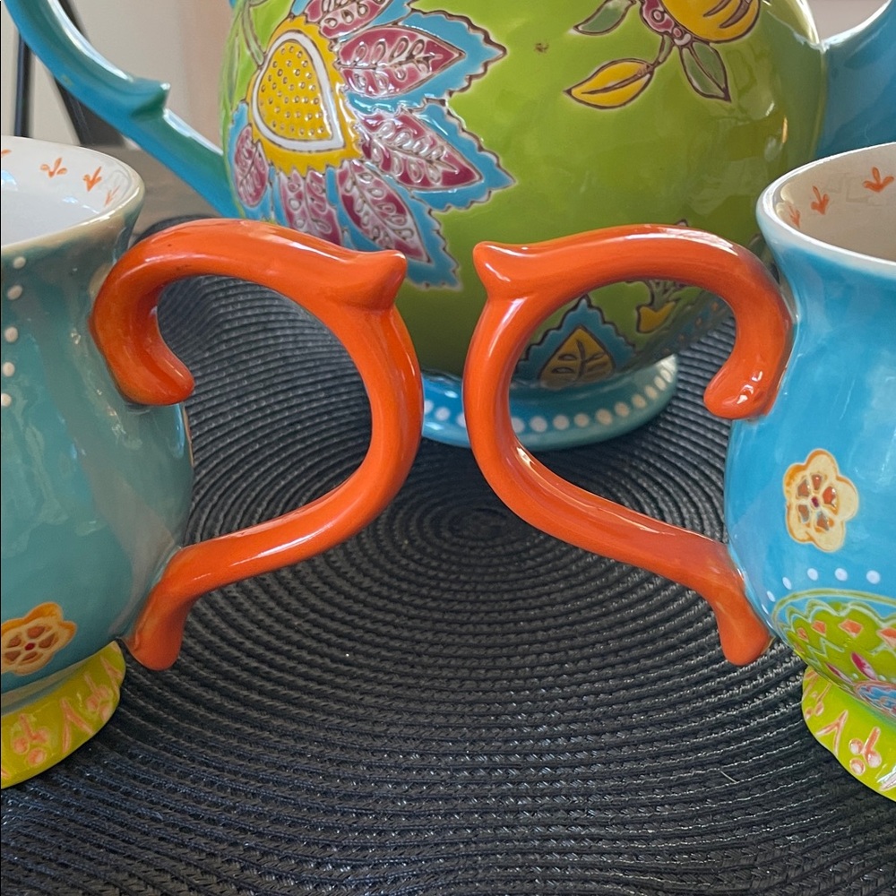 Dutch Wax Colorful Hand Painted Floral Ceramic New Teapot and 2 Cups Set - Picture 9 of 15